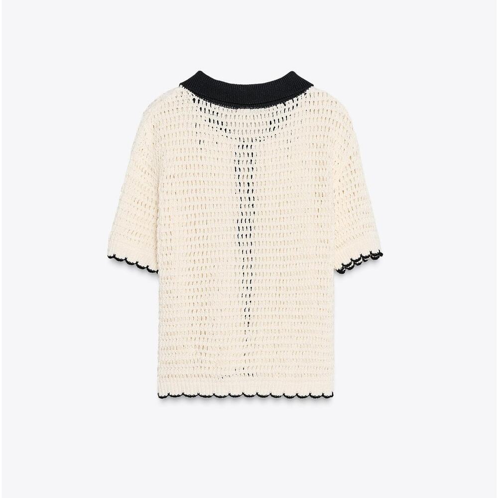 Zara NWT Ecru Black Crochet Polo Collar Tie Front Short Sleeve Top L - Picture 16 of 16